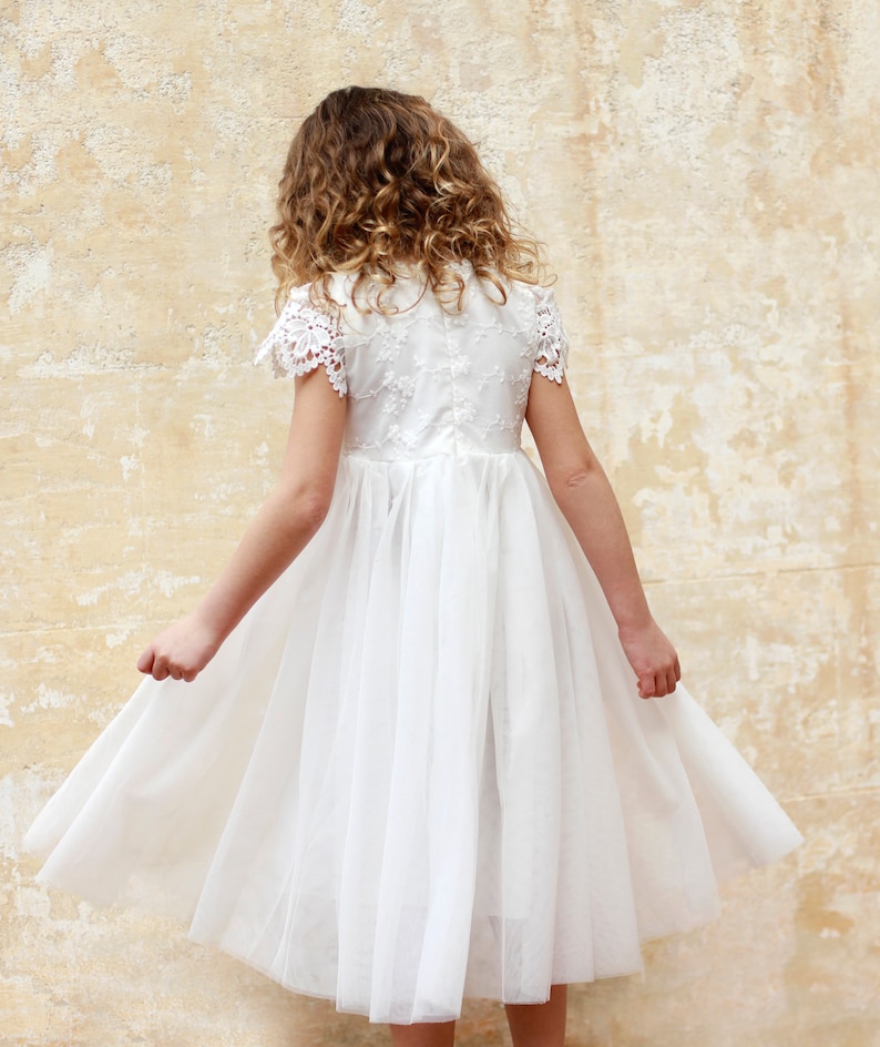 Bohemian Boho Flower girl dress , White Lace Tulle Girl Dress, Lace flower girl dress, Rustic flower girl dress,Communion dress, Bella Dress main image 0