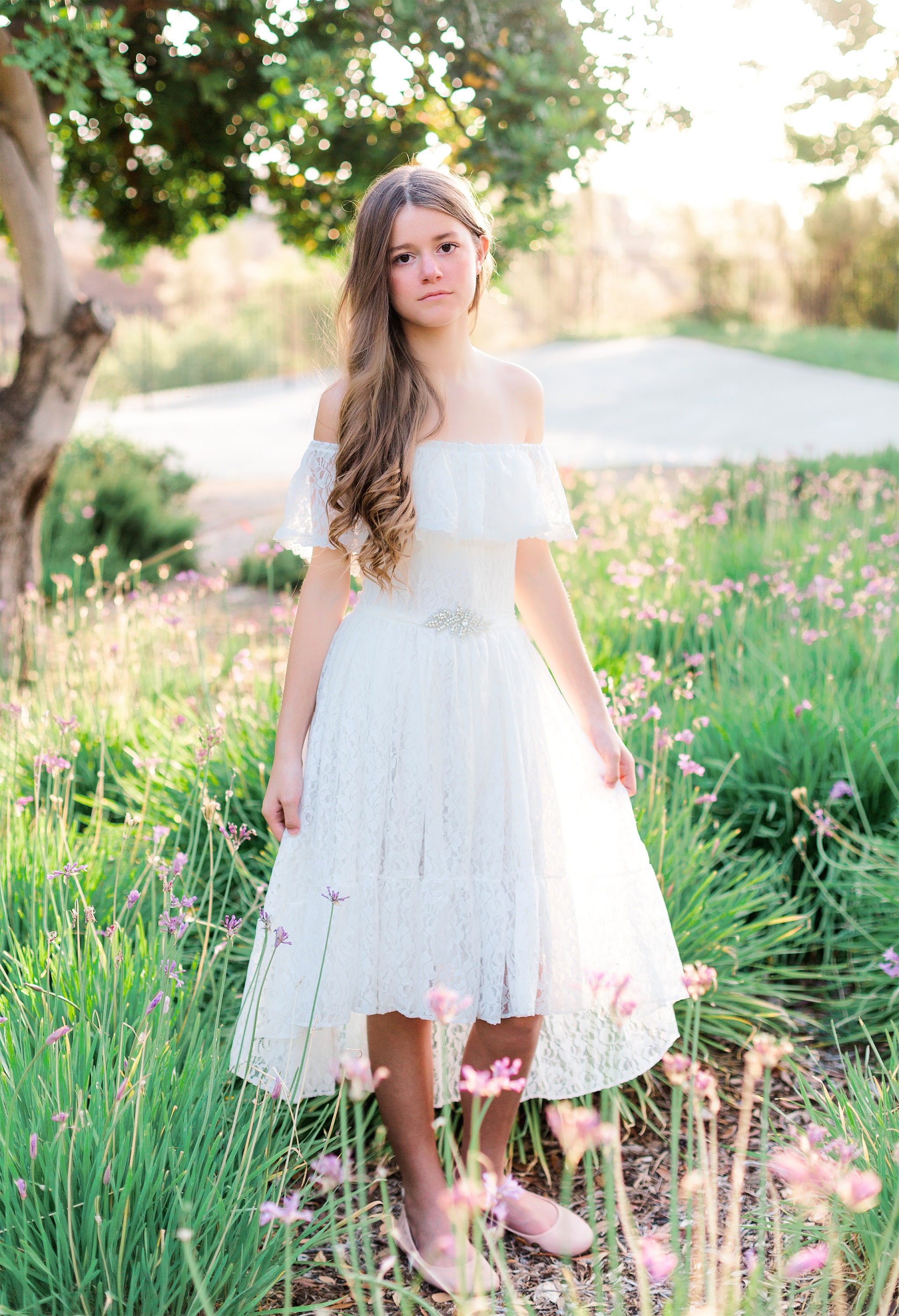 Off Shoulder Bohemian Boho Flower girl dress , White Lace Tulle Girl