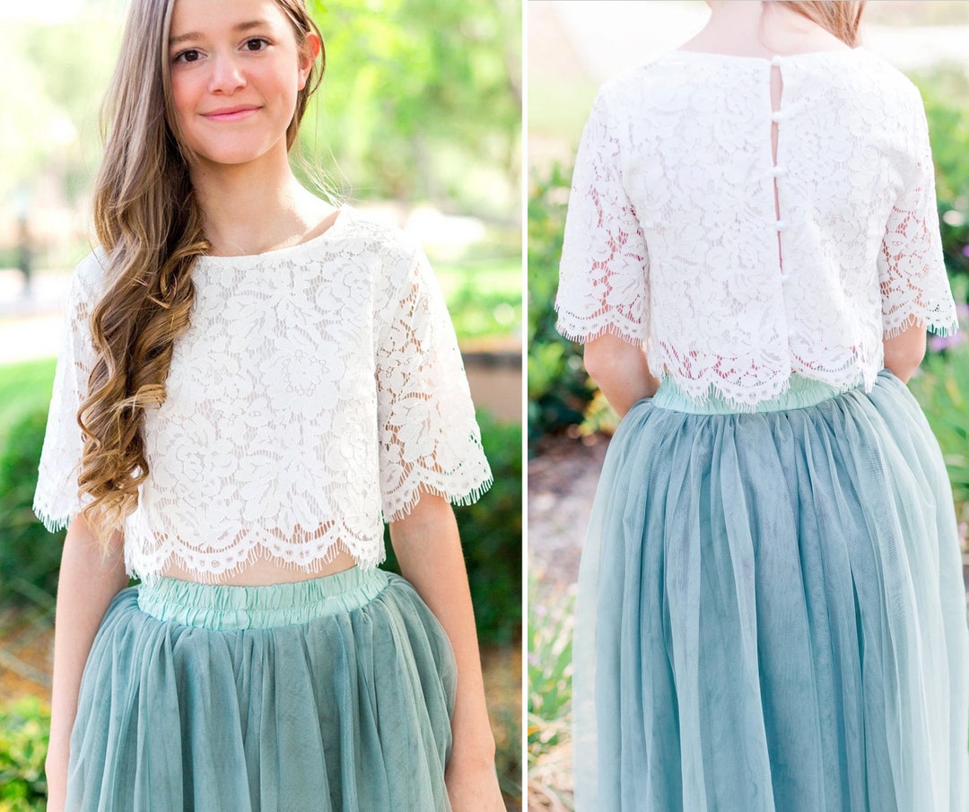 Sage Bohemian Boho Lace Flower Girl Top Tulle Skirt, Flower Girl Lace