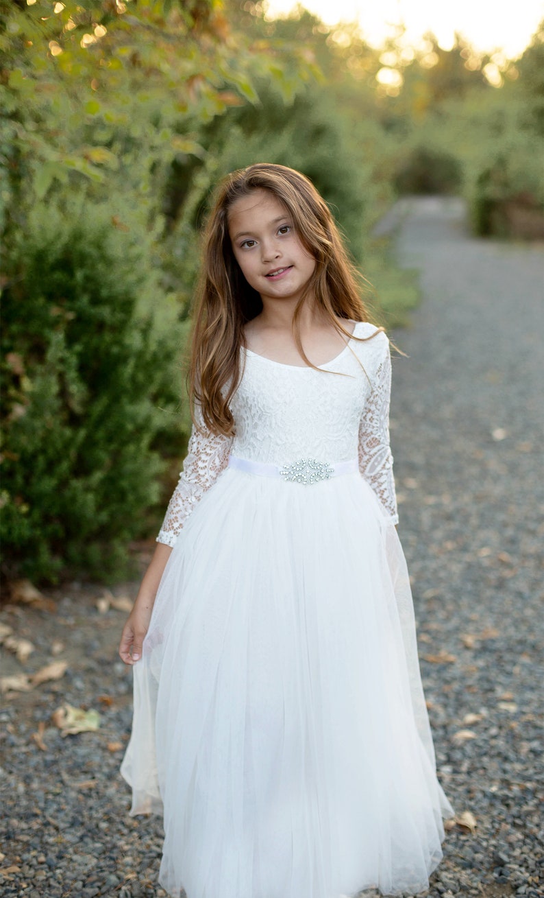 Communion dress, Flower girl dress Girl lace dress, White Ivory Lace Dress, Boho Country Rustic flower girl dress, Long Sleeve tulle dress zdjęcie 4