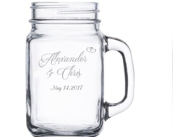 One Etched Mason Jar w/ Handle, Newlyweds, Gift for the couple, Weddings, Gifts, Wedding gifts
