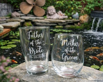 Etched Wedding Parent Glass Set, Personalized Beer & Wine Glasses