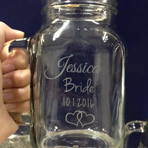One Etched Mason Jar w/ Handle Bridesmaid, Maid of Honor, Bridal Party, Weddings, Gifts image 2