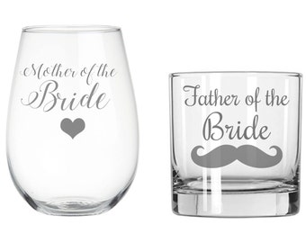 Set of (1) Etched Stemless Wine glass and (1) Whiskey glass, Mother of the Groom, Father of the Groom, Mother of the Bride, Father