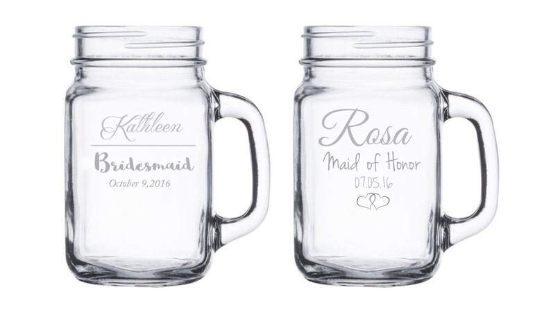 One Etched Mason Jar w/ Handle Bridesmaid, Maid of Honor, Bridal Party, Weddings, Gifts image 1