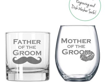 Set of (1) Etched Whiskey Glass and (1) Stemless Wine Glass for Mother/Father of the Groom/Bride, Parent Gifts, Wedding Gifts, Wedding