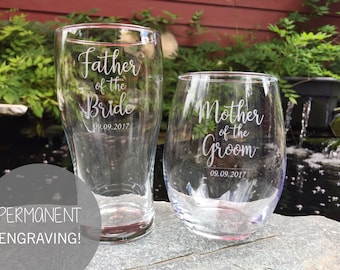 Set of (1) Etched Beer Glass and (1) Stemless Wine Glass for Mother/Father of the Groom/Bride, Mother of the Bride, Father of the groom