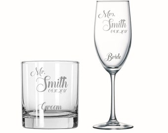 Set of His and Hers, Etched Whiskey and Etched Champagne, Couple Set, Newlyweds, Wedding, Mr and Mrs