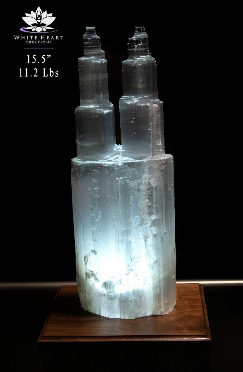 Cord Clip LED Bulb With Black Walnut Base 15.5 Extra Large Double Tower Selenite Crystal Lamp Free Shipping