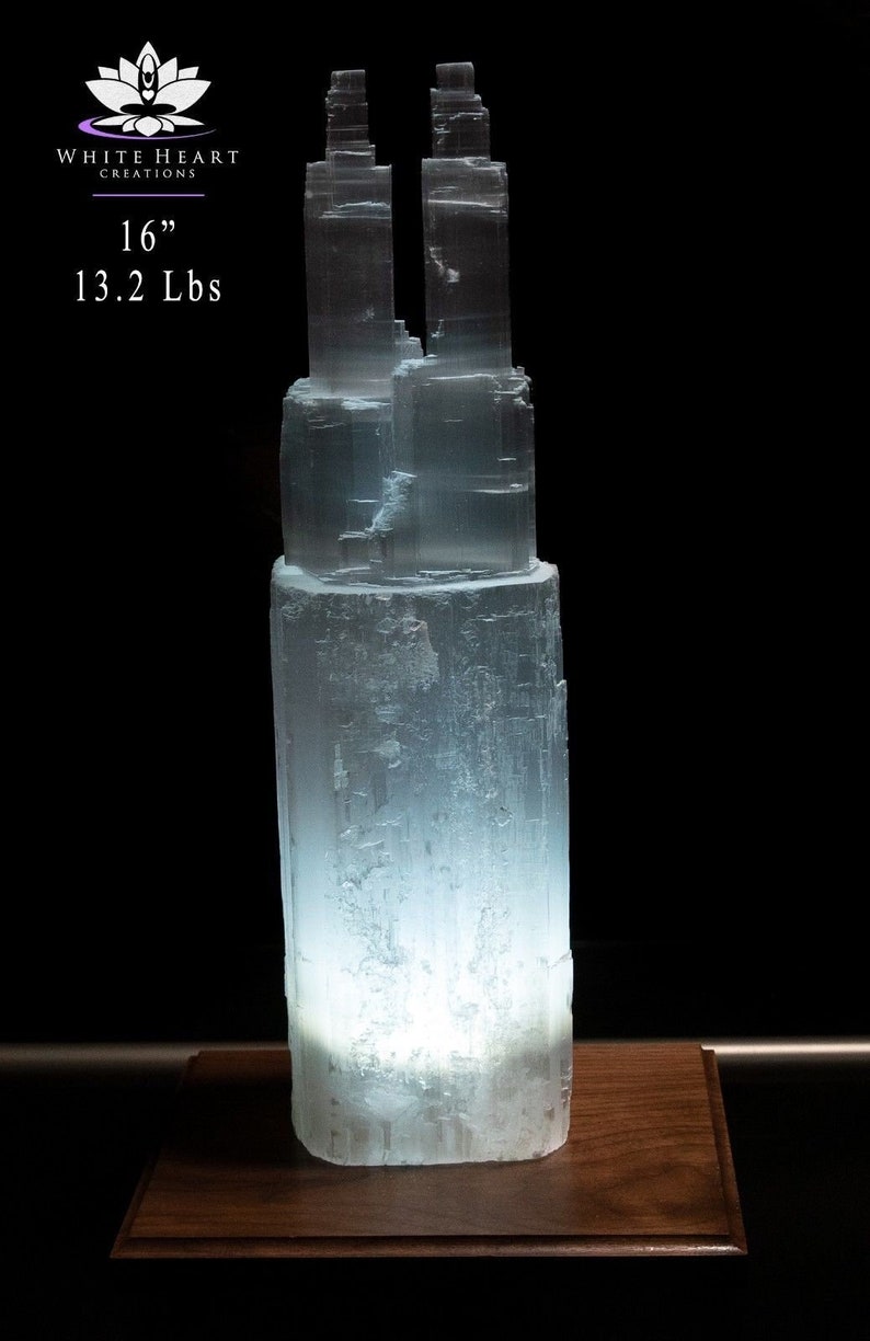 16 Extra Large Double Tower Selenite Crystal Lamp Free Shipping Cord Clip LED Bulb With Black Walnut Base