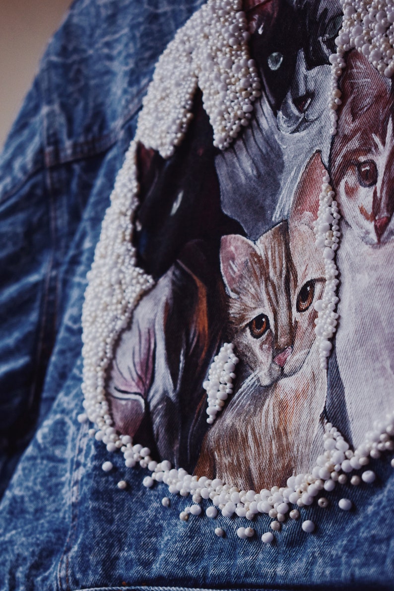 Cats Painted Denim With Pearls Custom Hand Painted Denim Jean Etsy