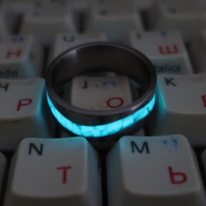 Titanium curved channel ring with aqua glow stones, Wedding ring, Wedding Band, titanium band, titanium ring ,glow in the dark, width  8 mm