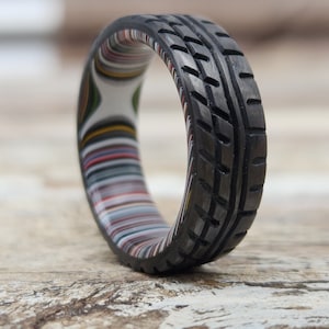 Tire Carbon Fiber ring, Wedding ring, Wedding band, Tire Tread Ring, men's wedding ring, black band ring, Tire ring men's, Fordite Ring.