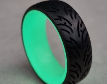 Tire Carbon Fiber ring ,Tire Tread Ring, men's wedding ring, Carbon fiber ring Tire, ring men's, Green Glow in the dark ring, 8 width MM