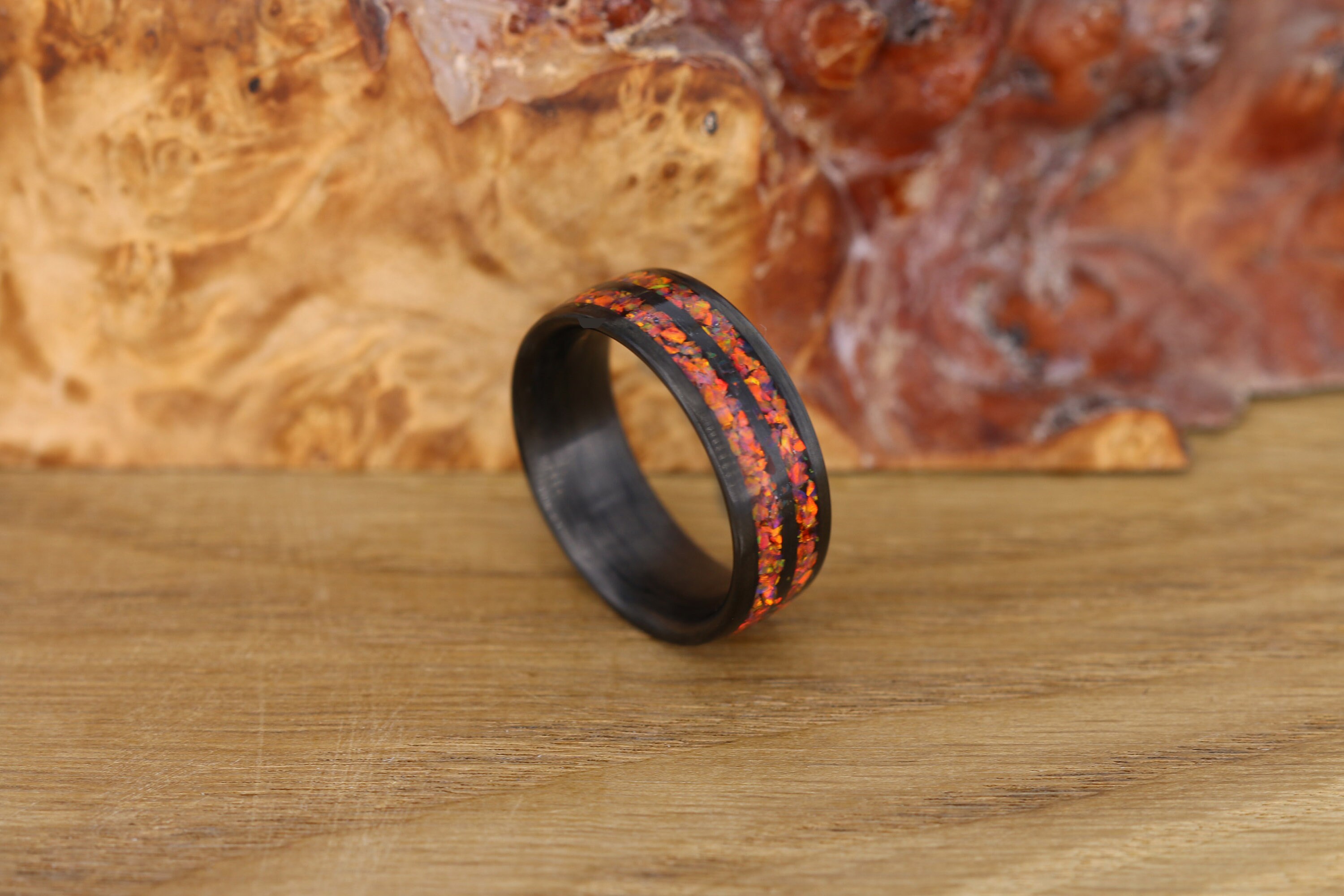 Carbon Fiber Ring With Crushed Red/orange Opalwedding Etsy Israel