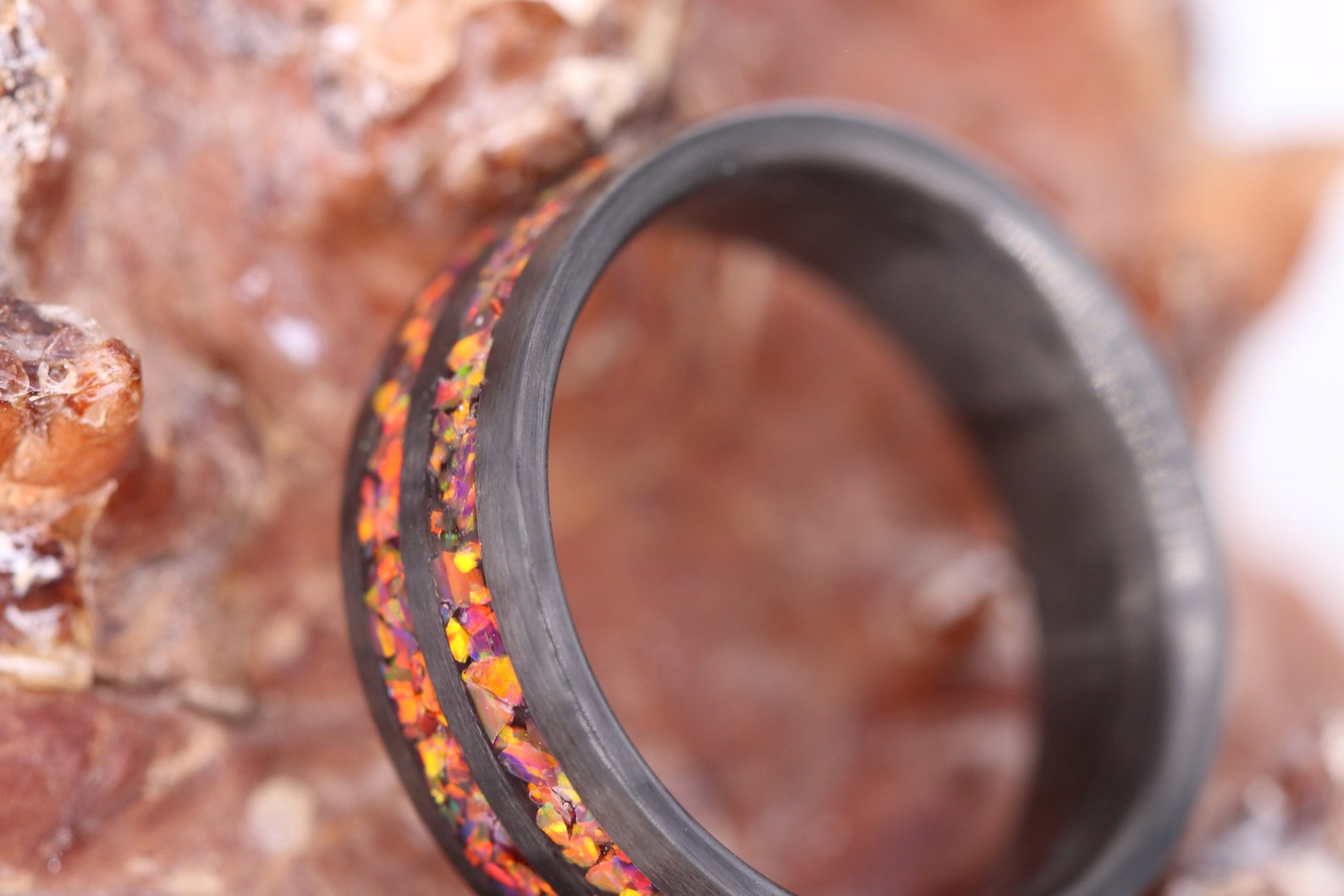 Carbon Fiber Ring With Crushed Red/orange Opalwedding Etsy Israel