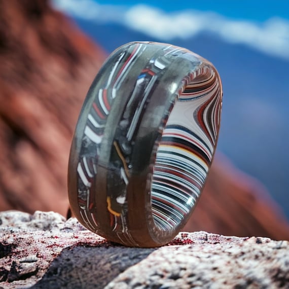 Carbon Fiber and Fordite Ring. Fordite Jewelry, Fordite Ring