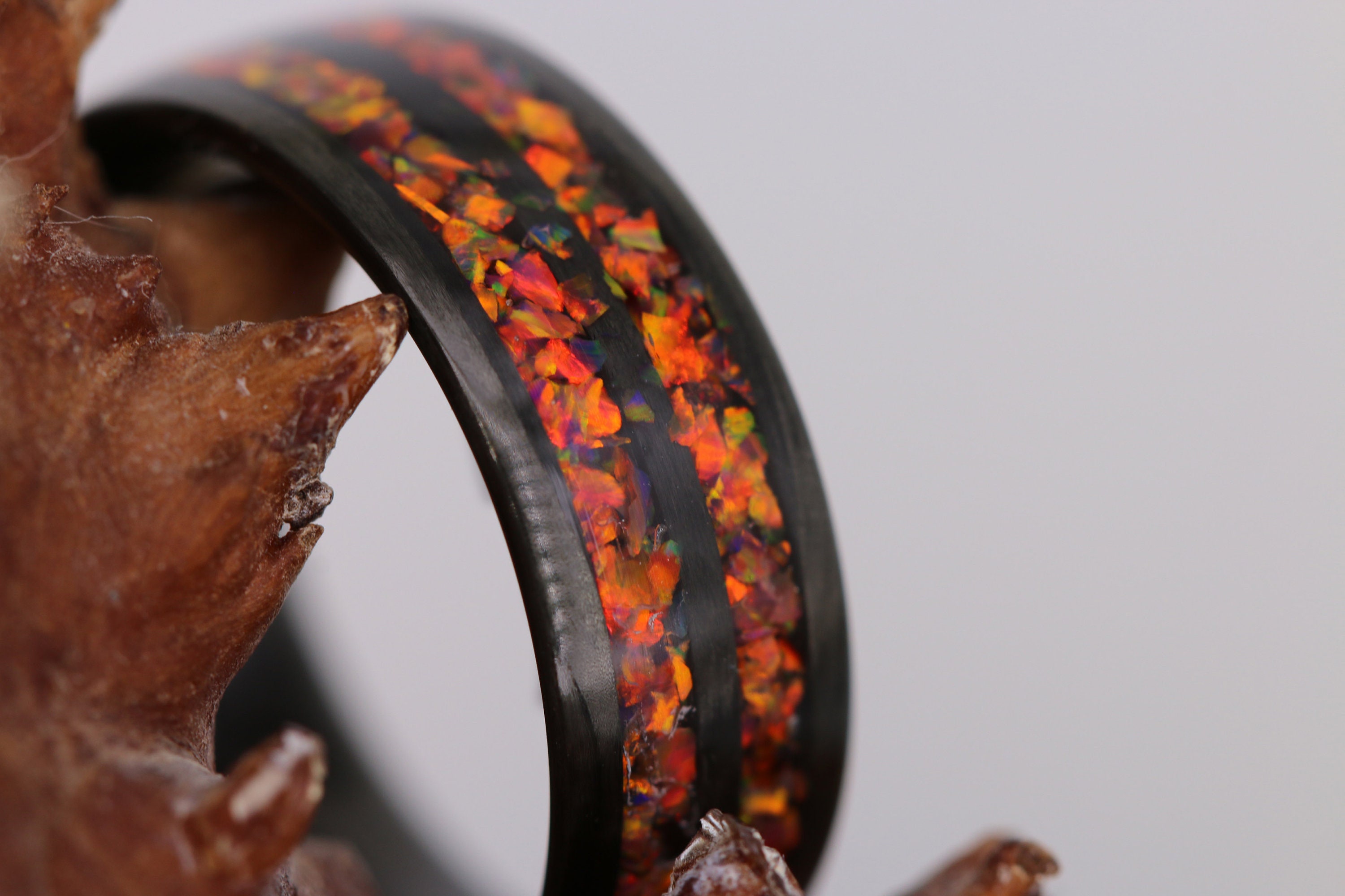 Carbon Fiber Ring With Crushed Red/orange Opalwedding Etsy Israel