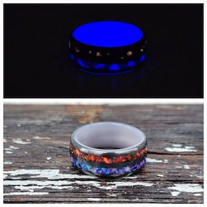 Carbon fiber ring with crushed opal, Wedding ring, Wedding Band, Carbon ring, Glow in the dark ring Opal ring, Opal ring band , width 8 mm