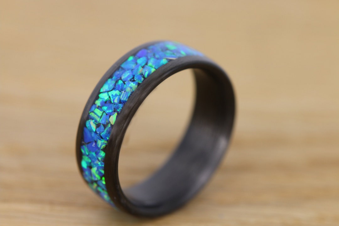 Carbon Fiber Ring With Crushed Blue Opal, Wedding Ring,wedding Band