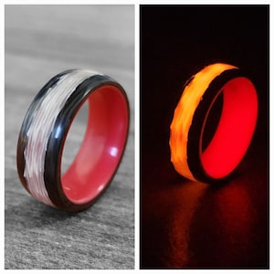 Carbon Fiber Ring With Red Glow in the dark, polished finish 8 mm width, Glow int the dark, Glow ring, Wedding ring, Wedding band.