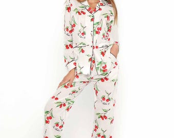 Conjunto de pijama de lujo para mujer con estampado de cerezas pintado a mano / 100% algodón