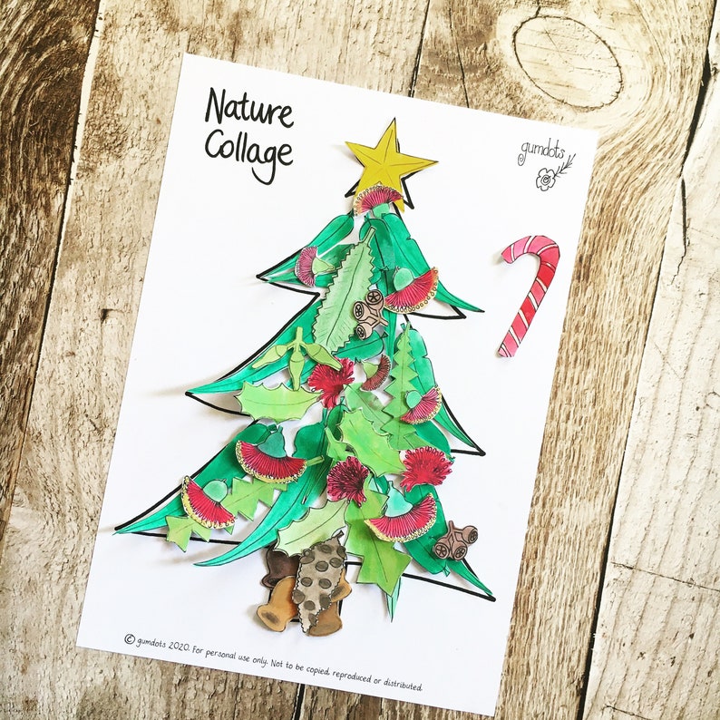 May include: A printable craft activity for children featuring a Christmas tree outline to be decorated with nature-themed elements. The tree is decorated with green leaves, red flowers, and brown seed pods. The text "Nature Collage" is at the top of the page.