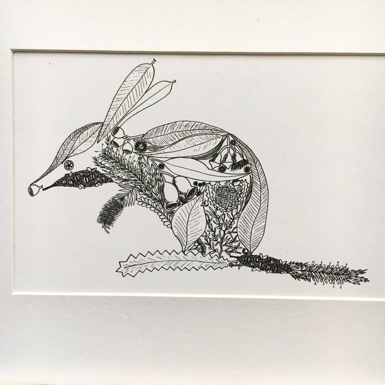 May include: A black and white line drawing of an echidna made entirely of leaves, flowers, and other botanical elements.