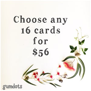 Choose your own 16 cards gumdots greeting card bundle; 16 unique cards, Australia birthday card thank you card all occasions colour in card
