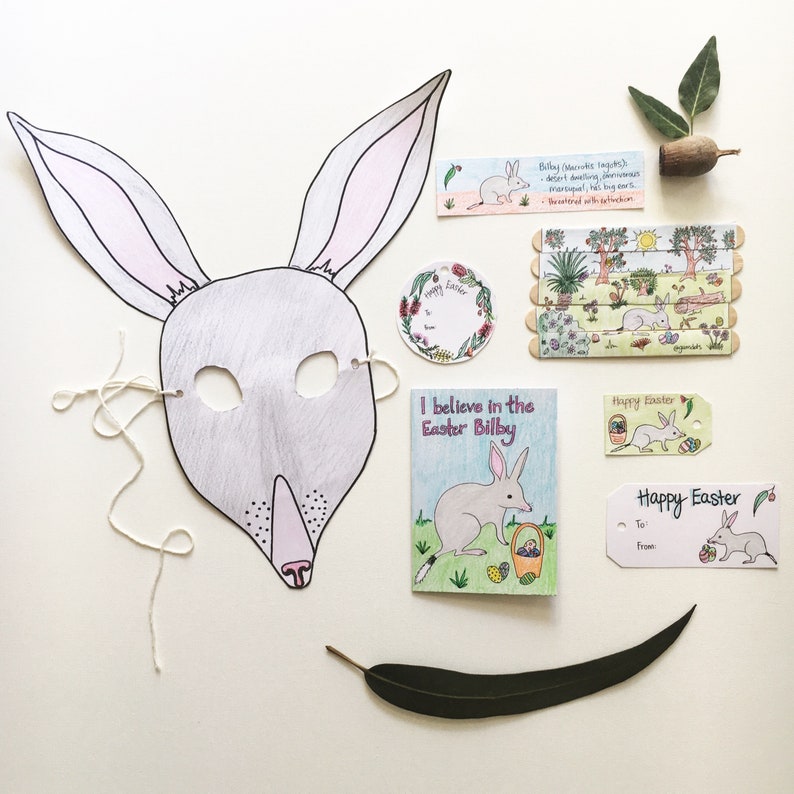 Easter Bilby kids activity printable bundle colour in nature craft, digital files, Australian animal, nature play, join dots, mask, basket image 9