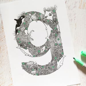 illustrated letter 'under the sea' print of unique fineliner illustration, personalised Australian nursery decor, orca fish Australia ocean image 4