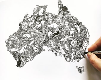 Great Southern Land Illustrated Map Australia A3 unique map illustration print; (Australia souvenir drawing wall art koala eucalyptus)