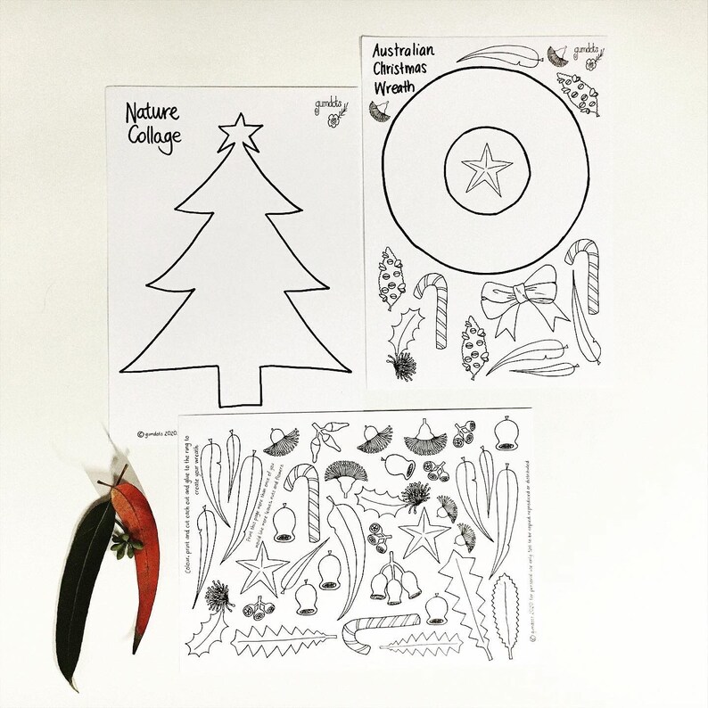 May include: A printable colouring page set featuring Australian Christmas themes. The set includes a Christmas tree, a wreath, and a sheet of various Australian flora and fauna elements to cut out and decorate the tree and wreath.