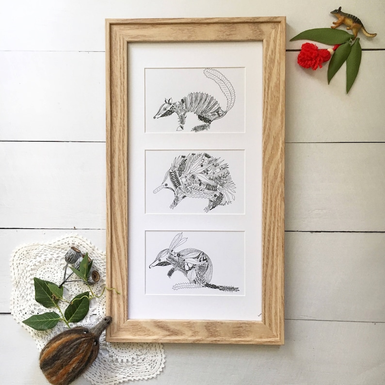 May include: A framed print with three black and white illustrations of Australian animals. The animals are a bandicoot, an echidna, and a bilby. The illustrations are detailed and intricate, with each animal's body made up of various plants and flowers.