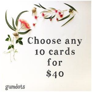 Choose your own 10 cards gumdots greeting card bundle; 10 unique cards, Australia birthday card thank you card all occasions colour in card