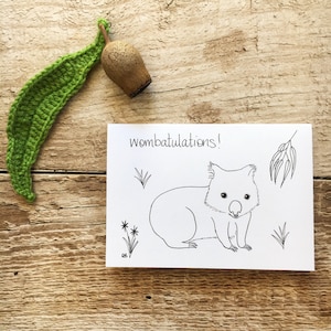 Wombatulations greeting card; unique all occasions Australiana card; gumdots Australian native series; wombat congratulations pun card