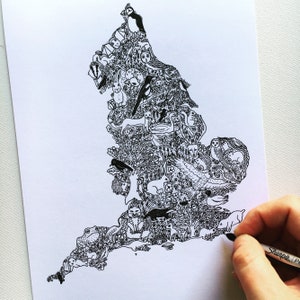 Illustrated Map of England A4 / A5 unique map illustration print; English souvenir drawing wall art; fox hedgehog owl rabbit birds flowers