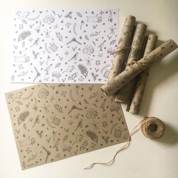 Australian Bush Wrapping Paper - unique illustration gift wrap; recycled paper gumdots Australia woodland flowers recyclable colour in wrap