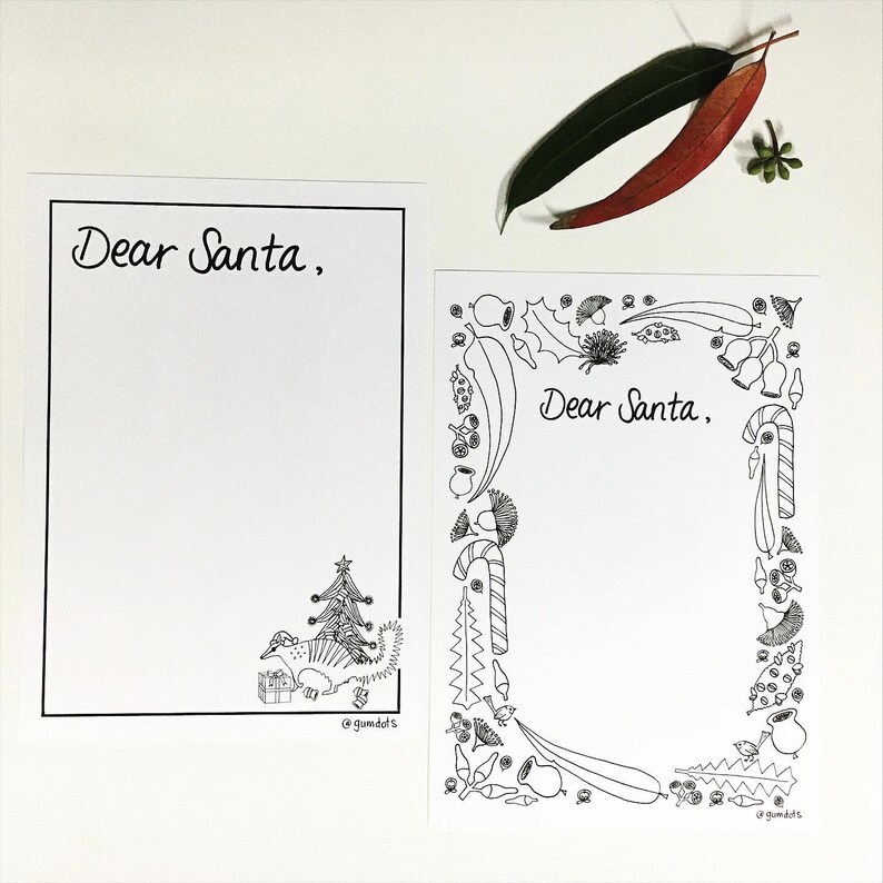 May include: A printable Christmas letter to Santa featuring a black and white illustration of an echidna holding a gift box and standing next to a Christmas tree. The border of the letter is decorated with Australian flora and fauna.