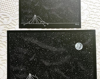 Camping Under the Milky Way A5/A4 white ink print; gumdots fineliner illustration star stargaze astrophotography Australian souvenir