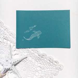 Whaleshark and Divers A5 / A4 gumdots white ink print on teal paper; Ningaloo coral Reef Australia ocean shark dive souvenir diver