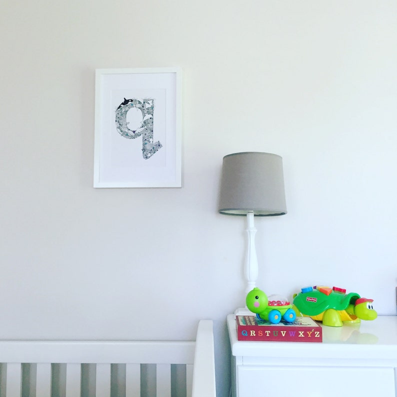 illustrated letter 'under the sea' print of unique fineliner illustration, personalised Australian nursery decor, orca fish Australia ocean image 3