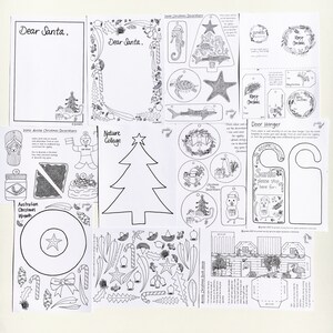 May include: Black and white printable Christmas decorations featuring a variety of Australian themes, including a wreath, a Christmas tree, a door hanger, and a Christmas card. The decorations are designed to be cut out and coloured in.