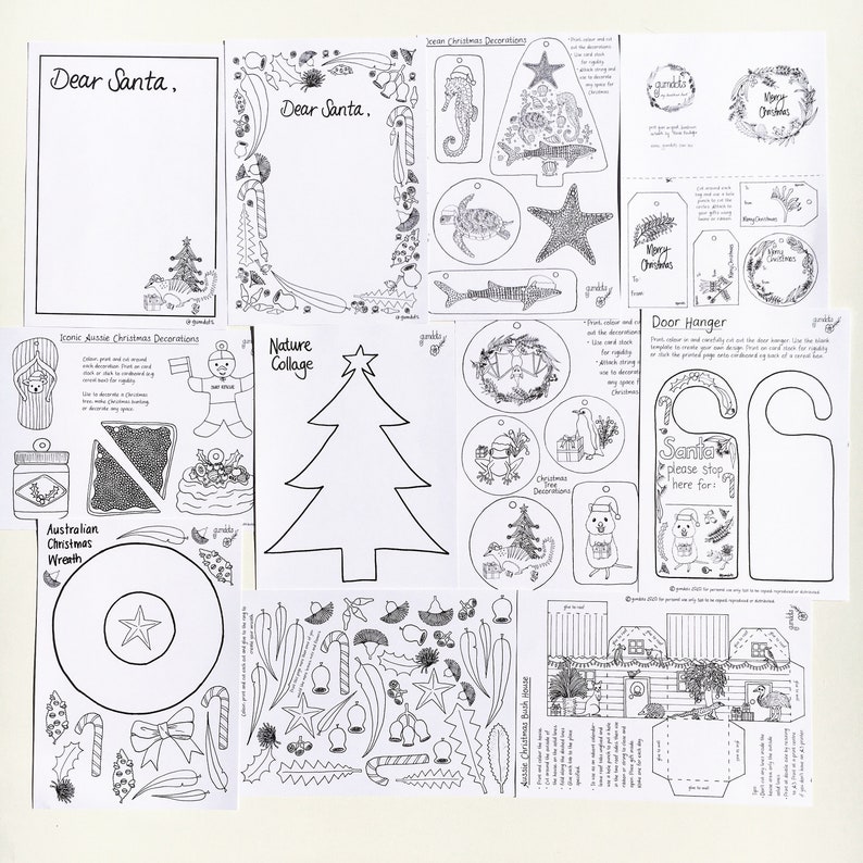 May include: Black and white printable Christmas decorations featuring a variety of Australian themes, including a wreath, a Christmas tree, a door hanger, and a Christmas card. The decorations are designed to be cut out and coloured in.