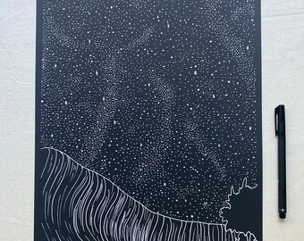 Wave Rock Under the Milky Way A3 white ink print; gumdots fineliner illustration star stargaze astrophotography Australian souvenir