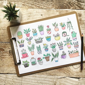 May include: A white sheet of paper with a hand-drawn illustration of 30 potted plants. The plants are drawn in various styles and colors, including green, red, yellow, blue, and purple. The pots are also drawn in various styles and colors.