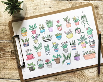 Pot plant colour in goal tracker printable; succulent cactus daisy, painted planter house plant, indoor plant digital print at home activity