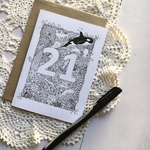 Ocean 21st birthday card; colour in card- gumdots under the sea series; orca, whaleshark, sea turtle, manta ray, coral reef, marine life