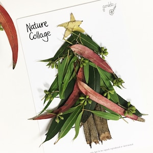 May include: A nature collage of green and red leaves arranged in the shape of a Christmas tree. The title "Nature Collage" is written at the top of the image.