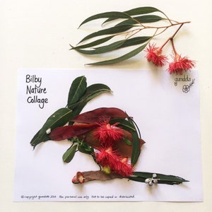Peut inclure: Un collage de nature représentant un bilby, un marsupial australien, réalisé avec des feuilles et des fleurs. Le collage est intitulé "Bilby Nature Collage" et est signé "gumdots".